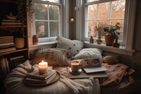 cozy reading nook with plush pillows, books and warm tea, created with generative aiの素材