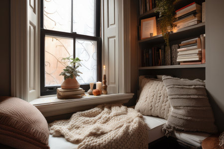cozy reading nook with plush pillows, books and warm tea, created with generative aiの素材