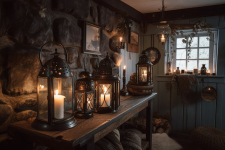 cozy cottage with hearth, lanterns and candles for hygge-inspired setting, created with generative aiの素材