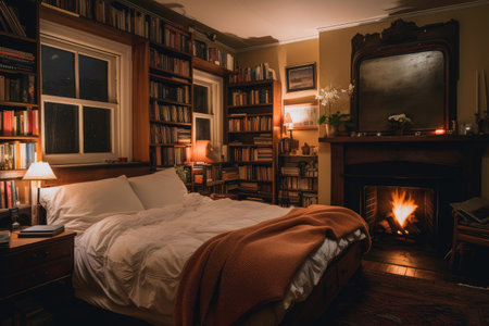 cozy bedroom with plush bedding, fireplace, and bookshelves, created with generative aiの素材