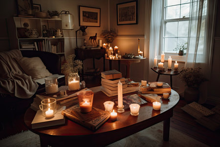 cozy living room filled with candles, books, and tea cups, created with generative aiの素材
