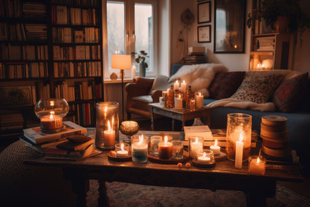 cozy living room filled with candles, books, and tea cups, created with generative aiの素材