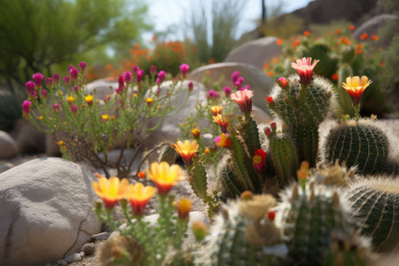 cacti and other desert flora blooming in the spring, created with generative aiの素材