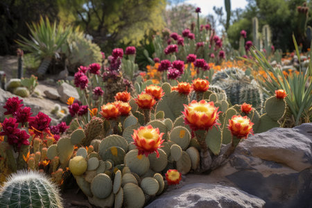 cactus garden, with a variety of different cacti in bloom and fruit, created with generative aiの素材