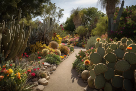 cactus garden, with a variety of different cacti in bloom and fruit, created with generative aiの素材