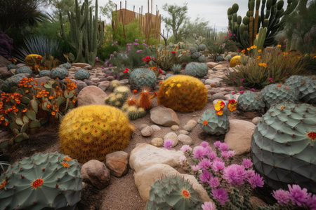 cacti garden with unexpected blooms of vibrant colors, created with generative aiの素材