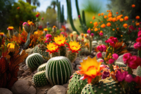 cacti garden with unexpected blooms of vibrant colors, created with generative aiの素材