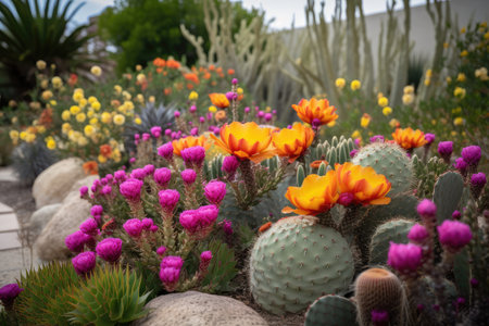 cacti garden with unexpected blooms of vibrant colors, created with generative aiの素材