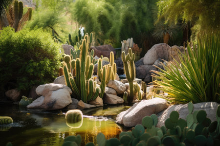 the cacti of a desert oasis, with flowing water and lush green plants, created with generative aiの素材