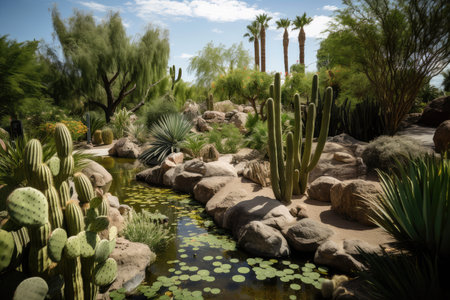 the cacti of a desert oasis, with flowing water and lush green plants, created with generative aiの素材