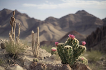 cactus blooming in the desert, with view of a distant mountain range, created with generative aiの素材