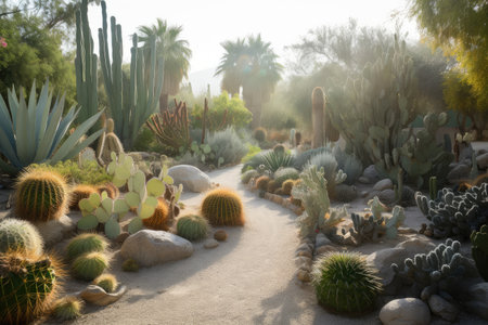 cacti garden, with a variety of cacti and other desert plants, created with generative aiの素材