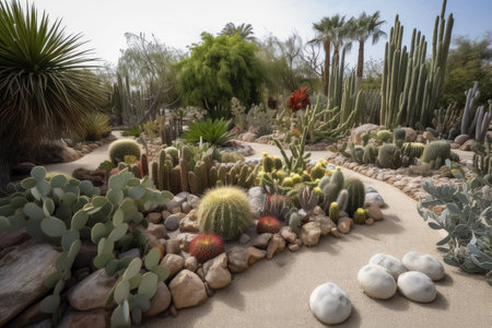 cacti garden, with a variety of cacti and other desert plants, created with generative aiの素材