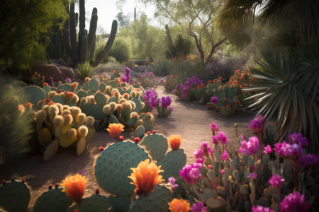 cacti garden with vibrant blooms and hummingbirds in flight, created with generative aiの素材