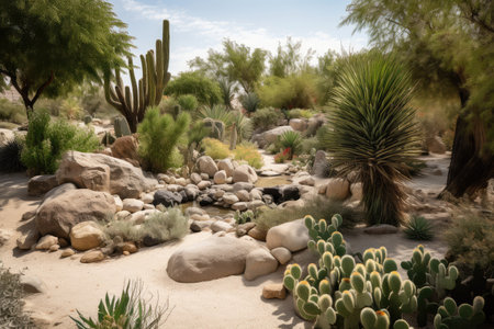 desert oasis, with cacti and other plants flourishing in the hot and arid climate, created with generative aiの素材