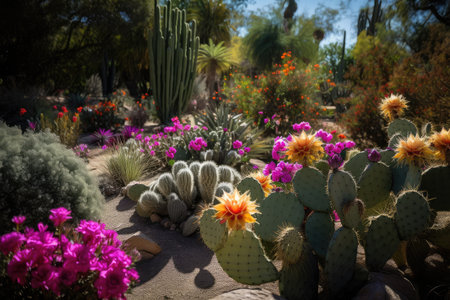 cactus garden with vibrant blooms and humming birds in the background, created with generative aiの素材