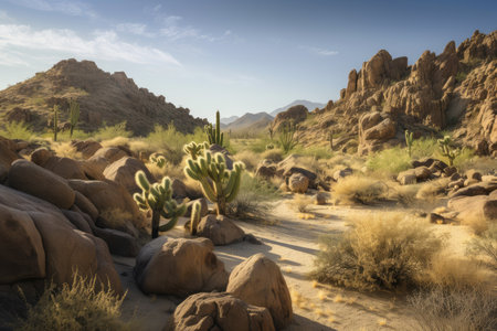 desert scene with cacti and rock formations in the background, created with generative aiの素材