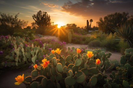 cactus garden with colorful blooms and dramatic sunset in the background, created with generative aiの素材