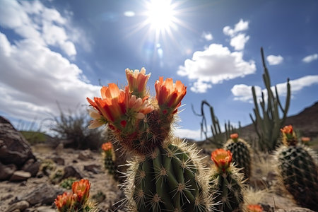 majestic cactus blooming in the desert with blue sky and clouds in the background, created with generative aiの素材