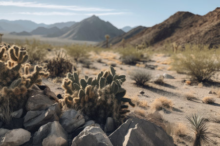 desert landscape, with cacti and succulents in the foreground and mountains in the background, created with generative aiの素材