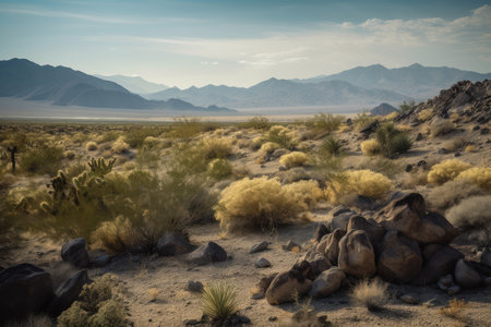 desert landscape, with cacti and succulents in the foreground and mountains in the background, created with generative aiの素材