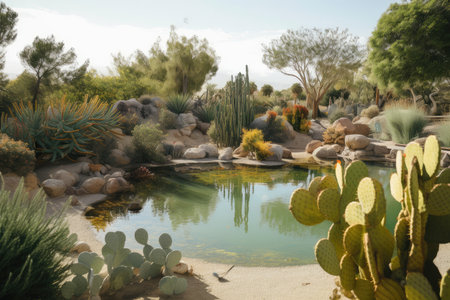 desert oasis, with cacti and other succulents growing around pool of water, created with generative aiの素材