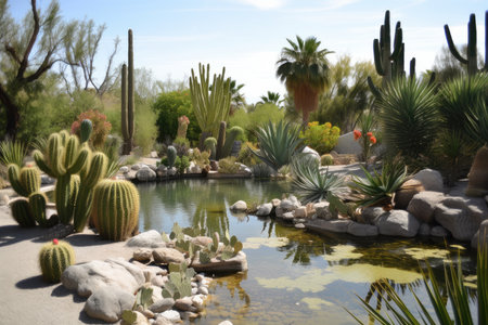 desert oasis, with cacti and other succulents growing around pool of water, created with generative aiの素材