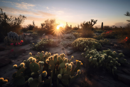series of cacti and flowering desert plants against a colorful sunrise, created with generative aiの素材