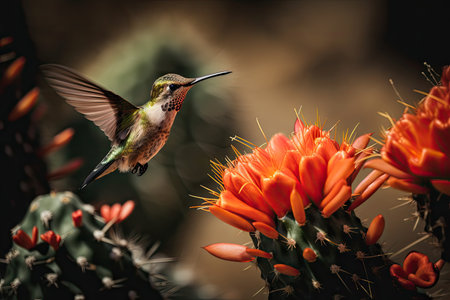 hummingbird hovering over blooming cactus flower, created with generative aiの素材