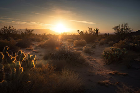 desert sunrise, with the first rays of light peeking over the horizon and illuminating the cacti, created with generative aiの素材