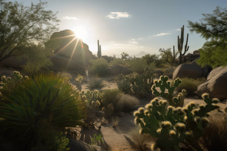 midday sun shining down on group of cacti and desert flora, created with generative aiの素材