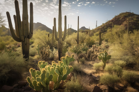 cactus forest with towering saguaros and other plants in the background, created with generative aiの素材