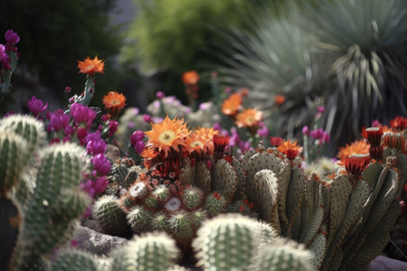cactus garden, with blooming flowers and butterflies fluttering among the plants, created with generative aiの素材