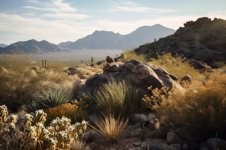 cacti and desert flora on rocky outcropping, surrounded by dramatic mountain range, created with generative aiの素材