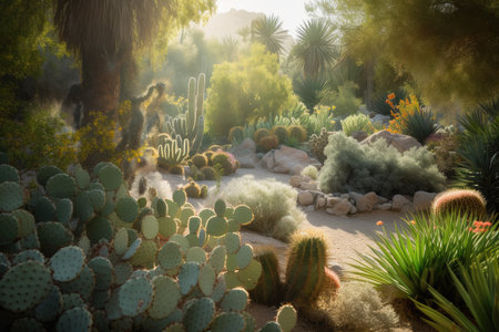 magical desert garden, filled with cacti, succulents, and other hardy flora, created with generative aiの素材