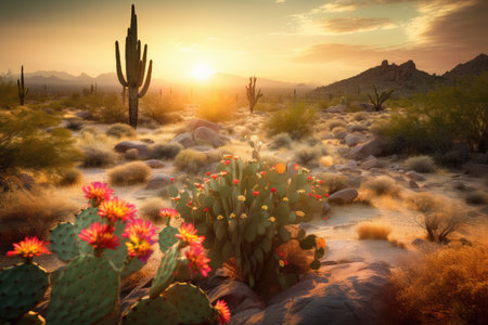 peaceful scene of a desert sunrise, with cacti and flowers in the foreground, created with generative aiの素材
