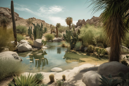 oasis in the desert, with cacti and other plants growing amidst clear water, created with generative aiの素材
