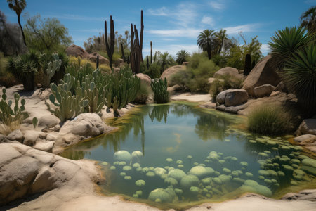 oasis in the desert, with cacti and other plants growing amidst clear water, created with generative aiの素材