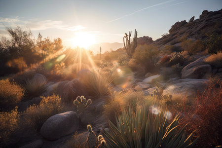 high-desert sunrise, with sunbeams shining through cacti and succulents, created with generative aiの素材
