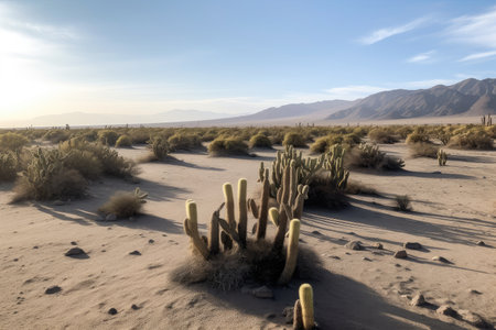 cacti field in the middle of desert, with sand dunes in the background, created with generative aiの素材