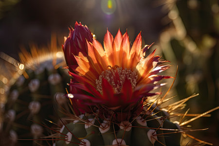 close-up of cactus flower, with the sun shining behind it, created with generative aiの素材