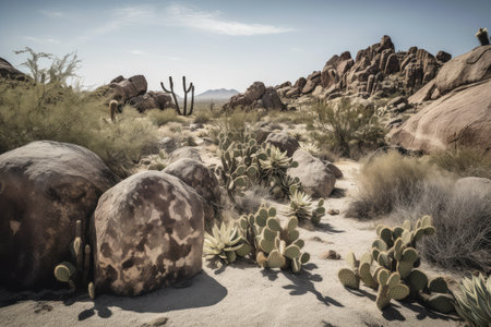 volcanic rock and cacti in desert landscape, created with generative aiの素材