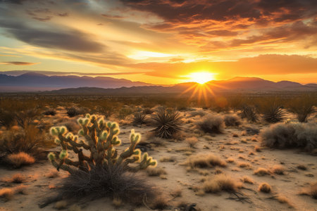 summer sunset over desert, with cacti and distant mountains visible, created with generative aiの素材