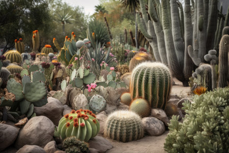 cacti garden, with a variety of textures and colors, created with generative aiの素材