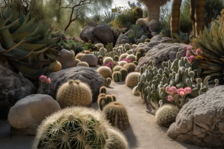 cacti garden, with a variety of textures and colors, created with generative aiの素材