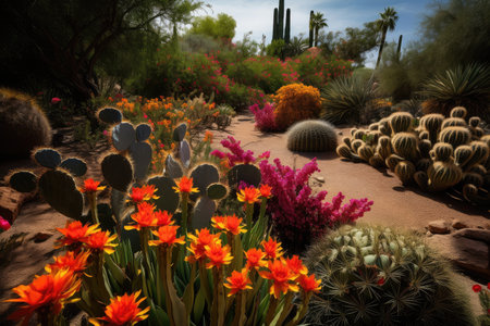 cactus garden with vibrant blooms and hummingbirds, created with generative aiの素材