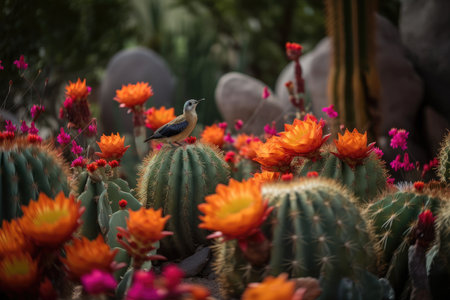 cactus garden with vibrant blooms and hummingbirds, created with generative aiの素材