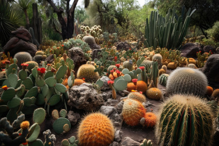cactus garden, with mix of prickly and knobby cacti in variety of colors, created with generative aiの素材