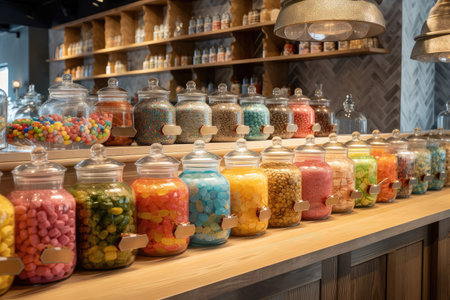 candy shop with glass jars filled with colorful treats and a wooden display, created with generative aiの素材