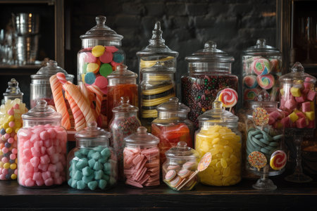 colorful assortment of candy and other sweets on display in glass jars, created with generative aiの素材